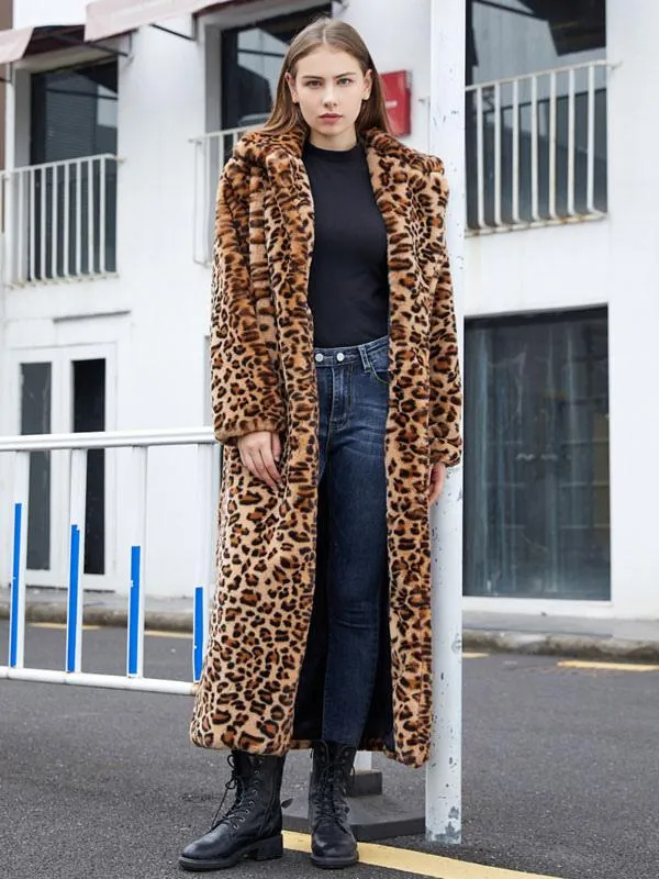 Faux Fur Long Coats Leopard Full Length Winter Eco-friendly Fur Coat For Women 2024